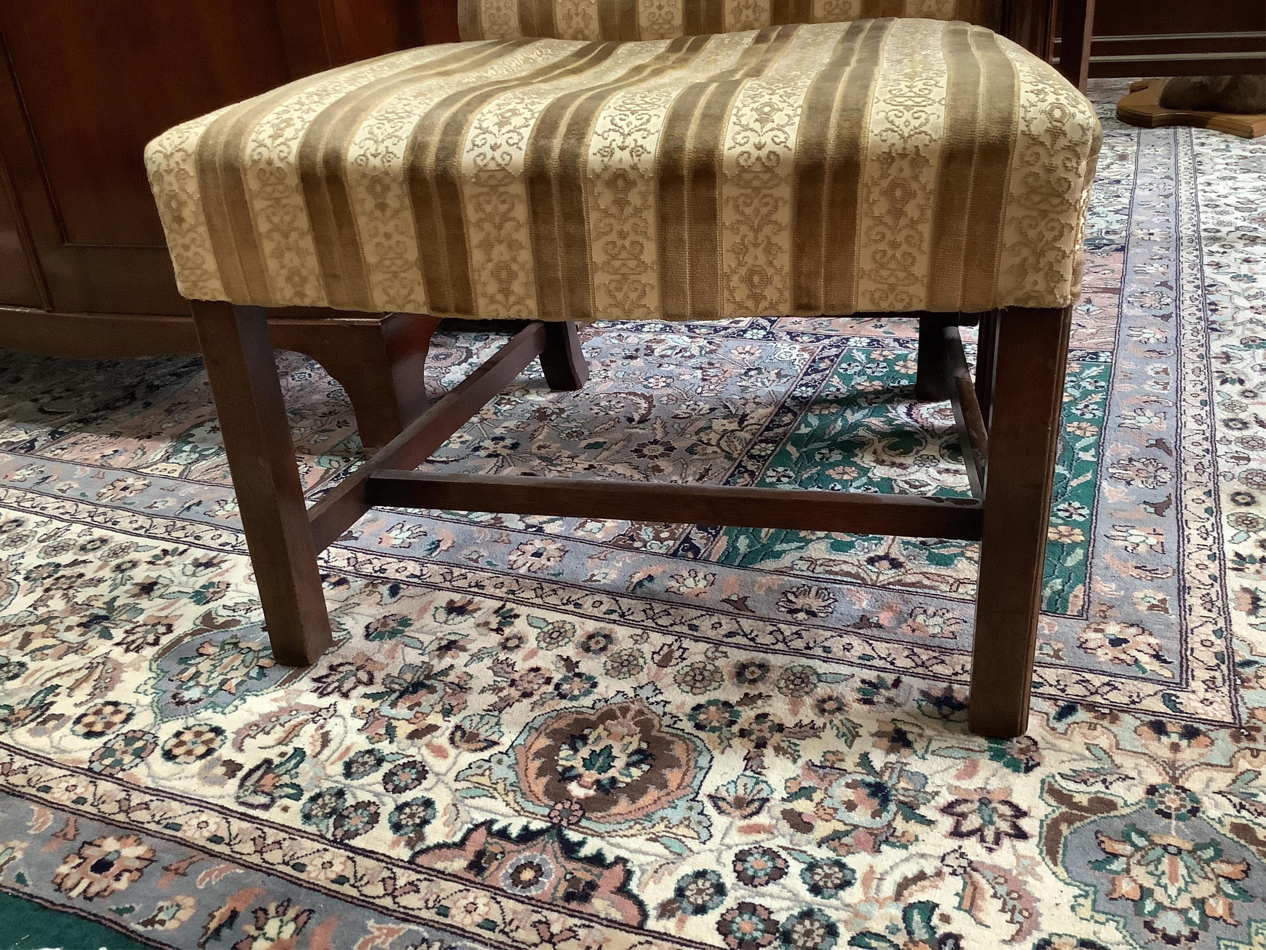 A pair of George III style upholstered mahogany side chairs, width 50cm, depth 56cm, height 94cm. Condition - fair